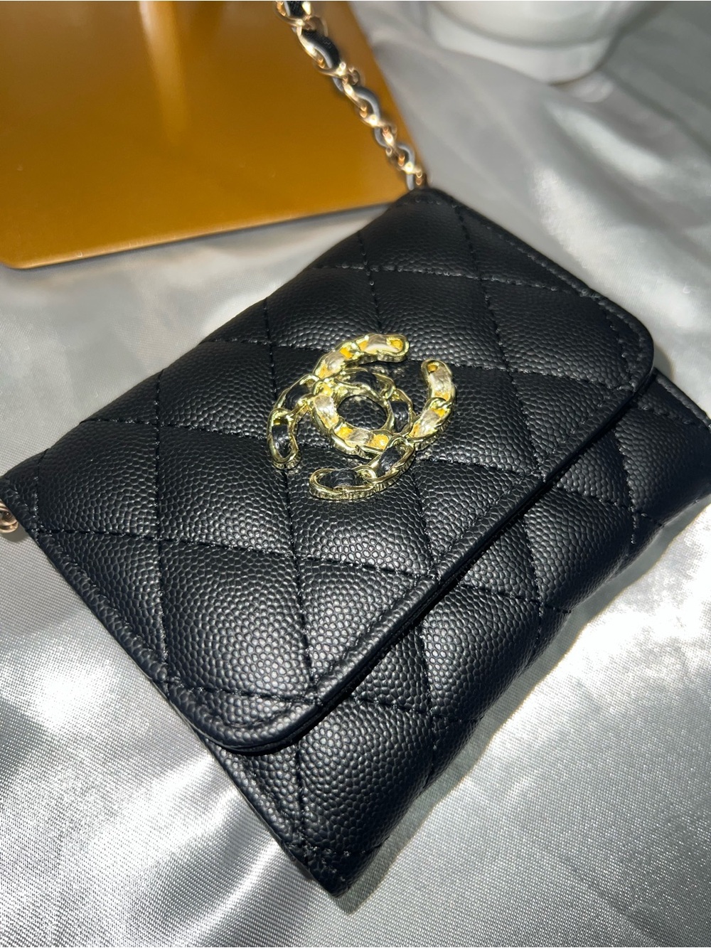Black Quilted Crossbody Bag with Gold CC Accent